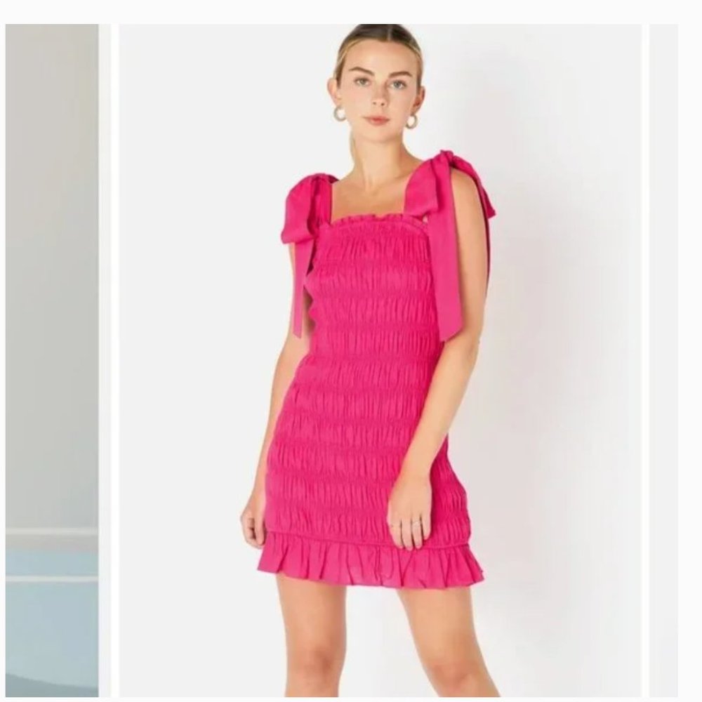 Endless Rose Bow Shoulder Tie Smocked Mini Dress